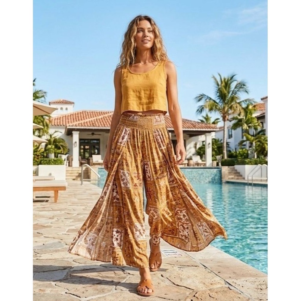 Three Bird Nest Wide Leg Pants XL Printed Smocked Waist Boho Paisley Palazzo NWT
